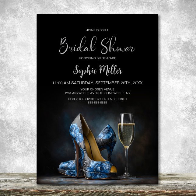 Elegant Blue Floral Stiletto Shoes Bridal Shower Einladung (Von Creator hochgeladen)