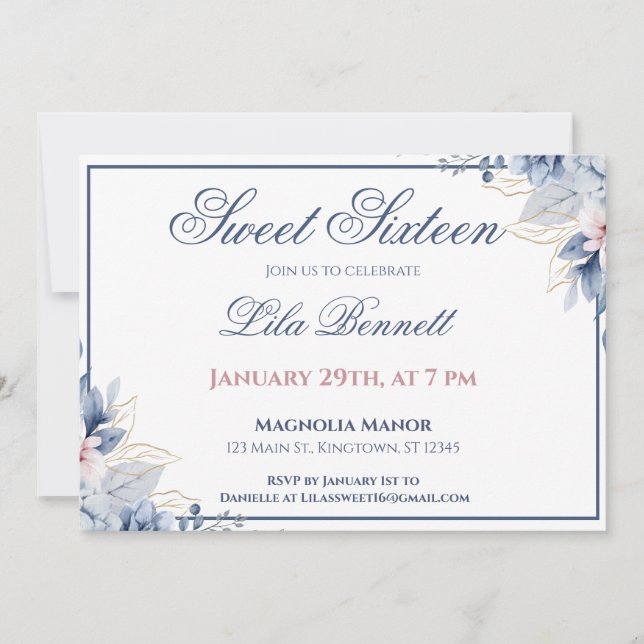 Elegant Blue Floral Sweet 16 Invitation Einladung (Vorderseite)
