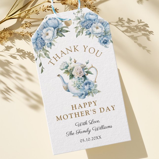 Elegant Blue Floral Teapot Mother's Day Thank you Geschenkanhänger (Elegant Blue Floral Teapot Mother's Day Thank you Gift Tag)