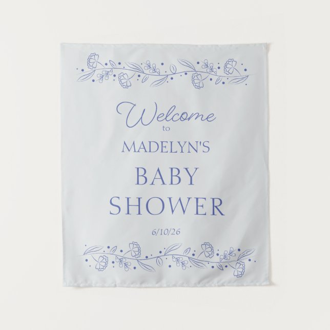 Elegant Blue Floral Vines Baby Shower Welcome Sign Wandteppich (Vorderseite)