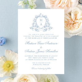 Elegant Blue Floral Wappen Monogram Wedding Einladung