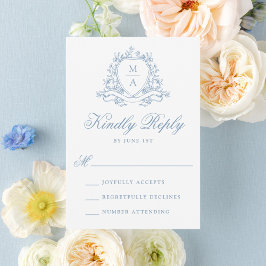 Elegant Blue Floral Wappen Monogram Wedding RSVP Karte
