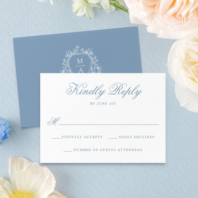 Elegant Blue Floral Wappen Monogram Wedding RSVP Karte (Von Creator hochgeladen)