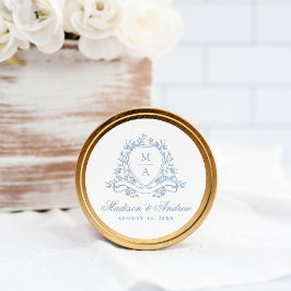 Elegant Blue Floral Wappen Monogram Wedding Runder Aufkleber