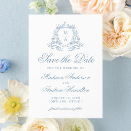 Elegant Blue Floral Wappen Monogram Wedding Save The Date
