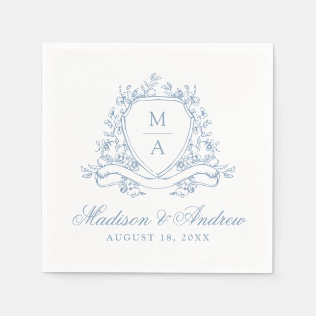 Elegant Blue Floral Wappen Monogram Wedding Serviette (Vorderseite)