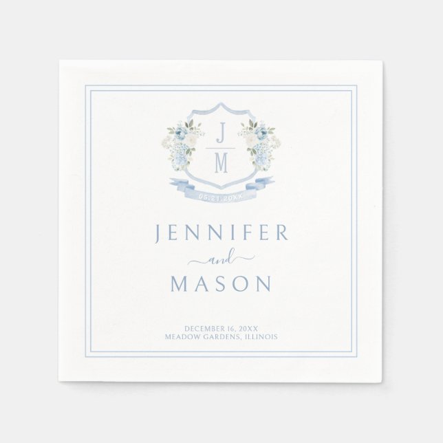 Elegant Blue Floral Wappen Monogram Wedding Serviette (Vorderseite)