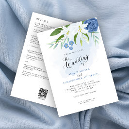 Elegant Blue Floral Watercolor All-in-One Hochzeit Einladung