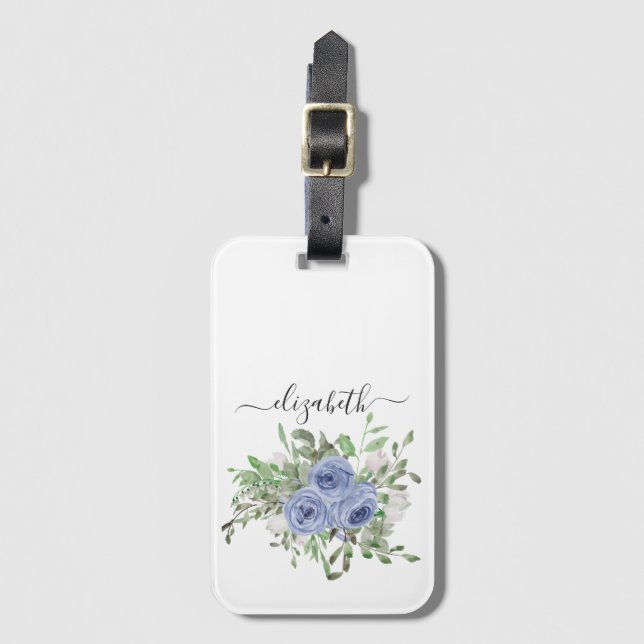 Elegant Blue Floral Watercolor Girly Script Name Gepäckanhänger (Vorderseite Vertikal)