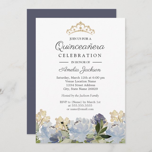 Elegant Blue Floral Watercolor Quinceanera Einladung (Vorne/Hinten)