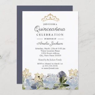 Elegant Blue Floral Watercolor Quinceanera Einladung