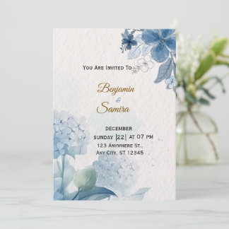 Elegant Blue Floral Watercolor Wedding Invitation Einladung