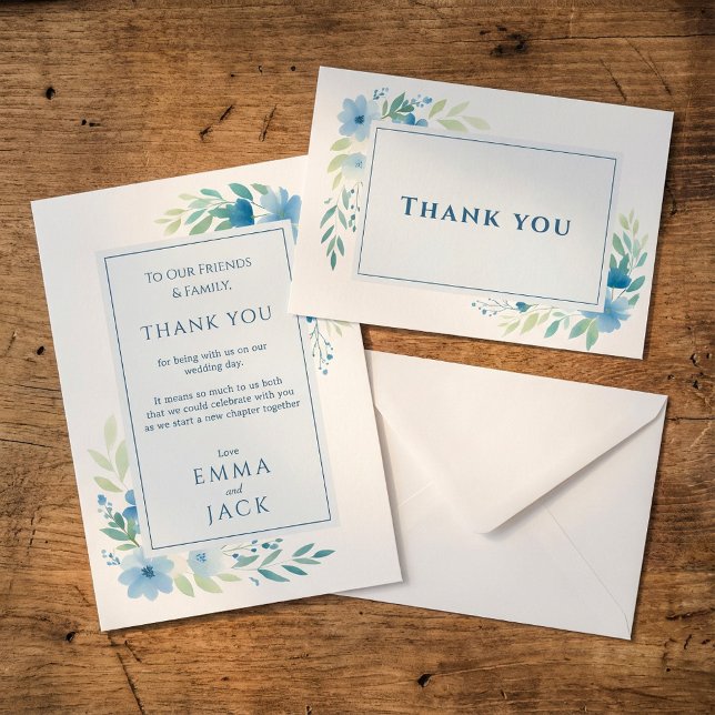 Elegant Blue Floral Wedding Danke Card (Elegant Blue Floral Wedding Thank You Card.)