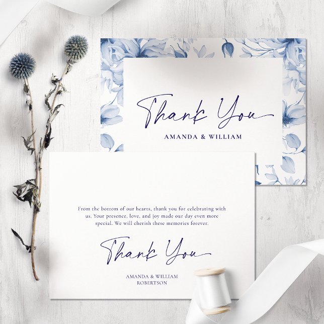 Elegant Blue Floral Wedding Danke Card (Von Creator hochgeladen)