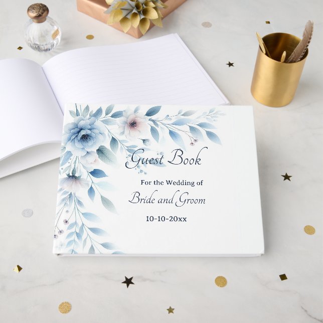 Elegant Blue Floral Wedding Guest Book Gästebuch (Vorderseite Offen)