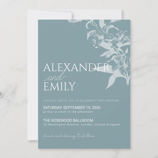 Elegant Blue Floral Wedding Invitation Einladung (Vorderseite)