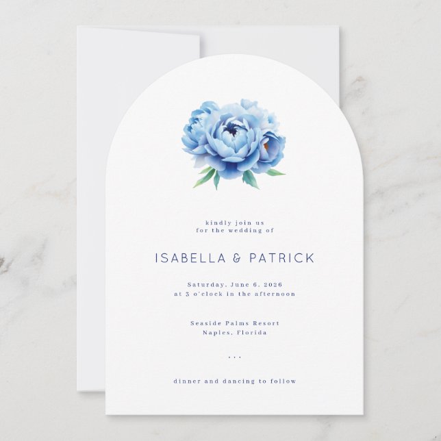 Elegant Blue Floral Wedding Invitation Einladung (Vorderseite)