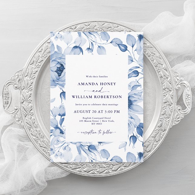Elegant Blue Floral Wedding Invitation Einladung (Von Creator hochgeladen)