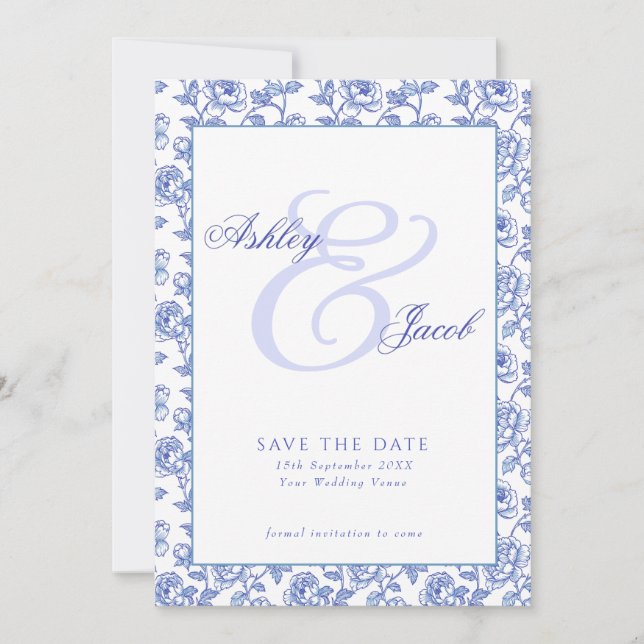 Elegant Blue Floral Wedding Save the Date (Vorderseite)