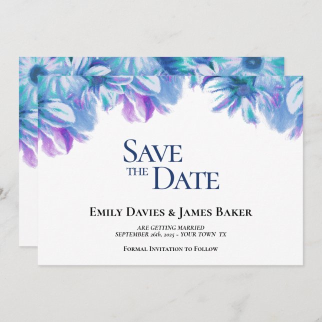 Elegant Blue Floral Wedding Save the Date (Vorne/Hinten)