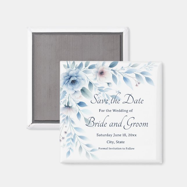 Elegant Blue Floral Wedding Save the Date Magnet (Vorderseite/Rückseite)