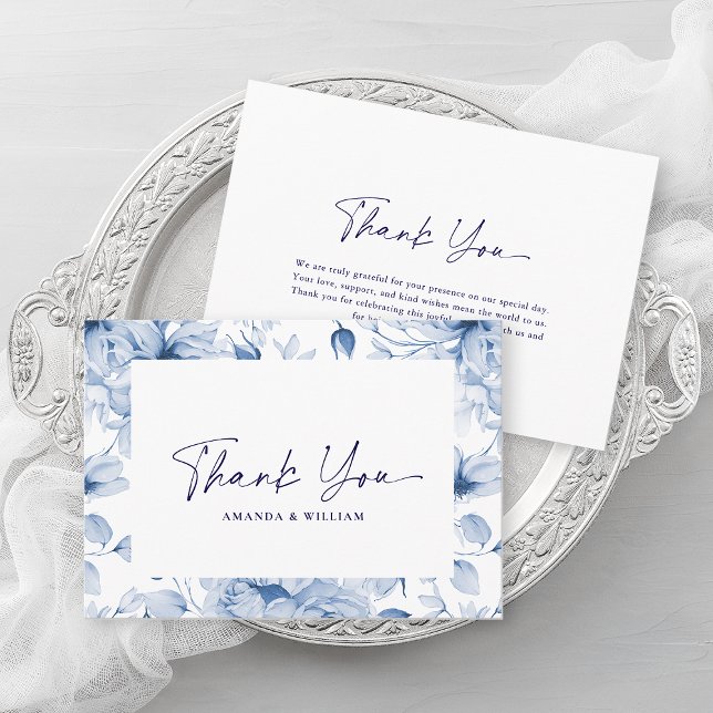 Elegant Blue Floral Wedding Thank You Card Dankeskarte (Von Creator hochgeladen)