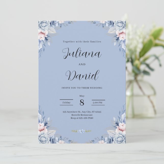 Elegant Blue Floral Wedding Tropical wedding  Einladung (Stehend Vorderseite)