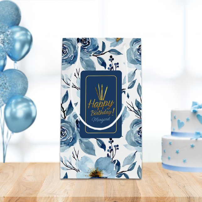 Elegant Blue Floral White Happy Geburtsname Kleine Geschenktüte (Von Creator hochgeladen)