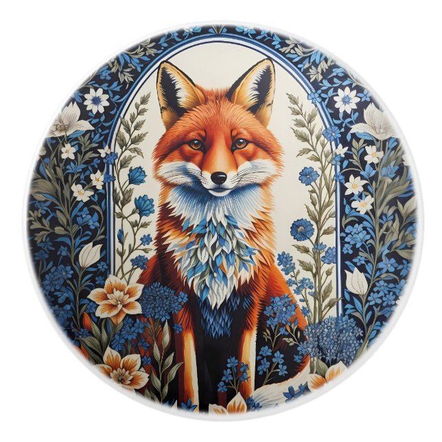 Elegant Blue Floral William Morris Inspired Fox Keramikknauf (Vorderseite)