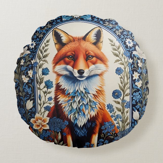 Elegant Blue Floral William Morris Inspiriert Fox Rundes Kissen (Vorderseite)