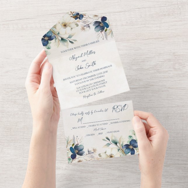 Elegant Blue Floral Winter Wedding All In One Einladung (Abreißen)