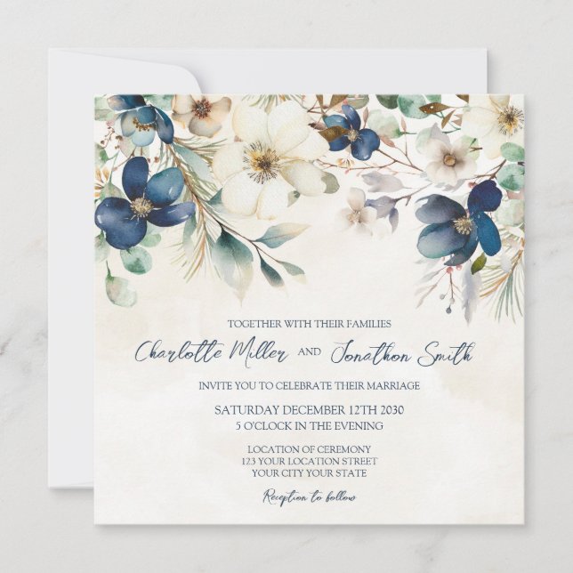 Elegant Blue Floral Winter Wedding Invitations Einladung (Vorderseite)