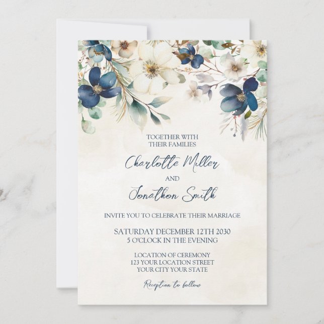 Elegant Blue Floral Winter Wedding Invitations Einladung (Vorderseite)