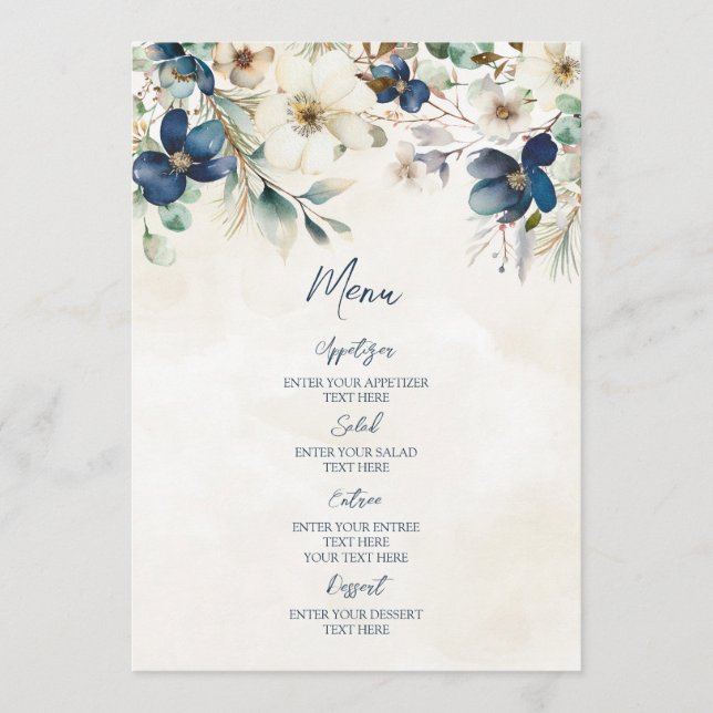 Elegant Blue Floral Winter Wedding Menu Menükarte (Vorderseite)