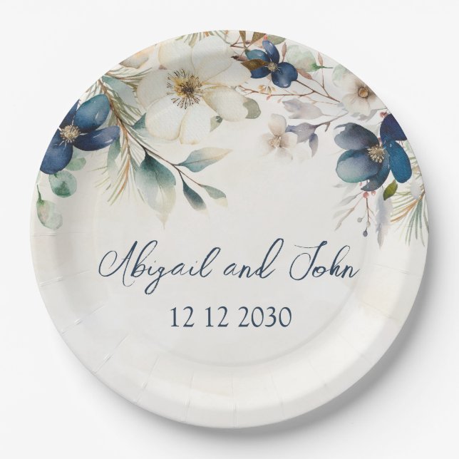 Elegant Blue Floral Winter Wedding Pappteller (Vorderseite)