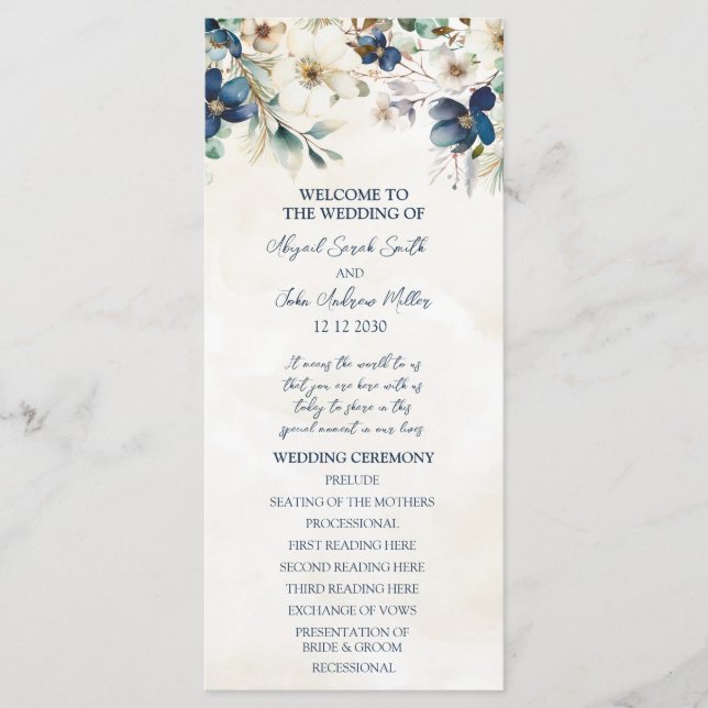 Elegant Blue Floral Winter Wedding Program Programm (Vorderseite)