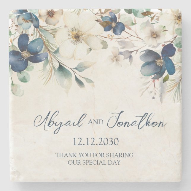 Elegant Blue Floral Winter Wedding Steinuntersetzer (Vorderseite)