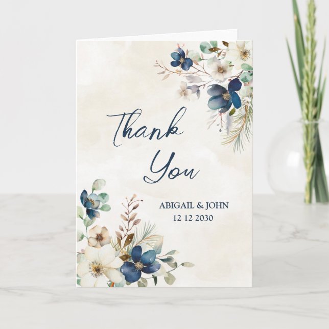 Elegant Blue Floral Winter Wedding Thank You Card Dankeskarte (Vorderseite)
