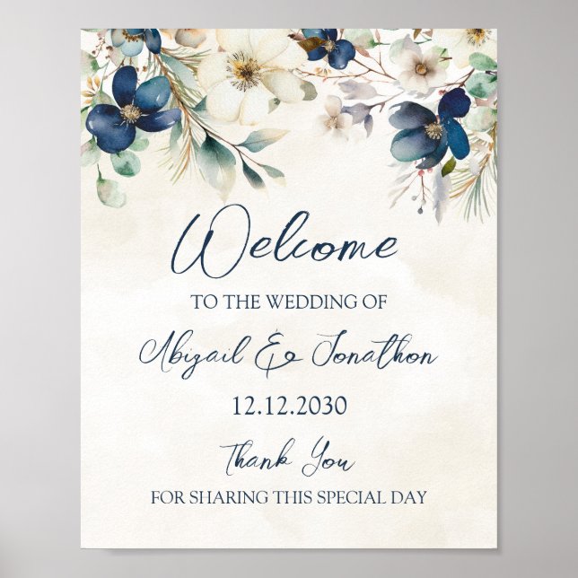Elegant Blue Floral Winter Wedding Welcome Poster (Vorne)