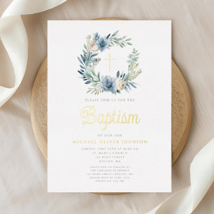 Elegant Blue Floral Wreath Boy Taufe Gold Folieneinladung