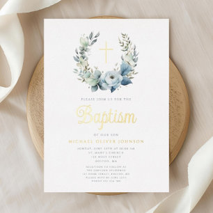 Elegant Blue Floral Wreath Cross Boy Taufe Gold Folieneinladung