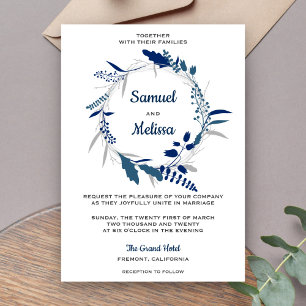 Elegant Blue Floral Wreath Wedding Einladung