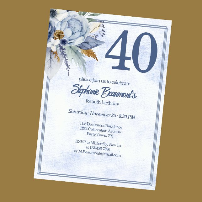 Elegant Blue Florals Women's 40th Birthday Party Einladung (Von Creator hochgeladen)