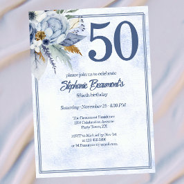Elegant Blue Florals Women's 50th Birthday Party Einladung