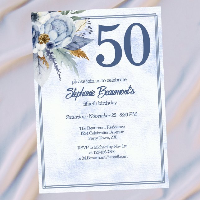 Elegant Blue Florals Women's 50th Birthday Party Einladung (Von Creator hochgeladen)