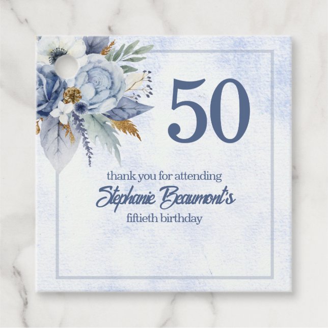 Elegant Blue Florals Women's 50th Birthday Party Geschenkanhänger (Vorderseite)