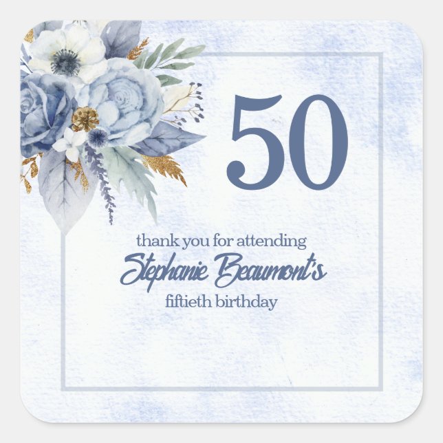 Elegant Blue Florals Women's 50th Birthday Party Quadratischer Aufkleber (Vorderseite)