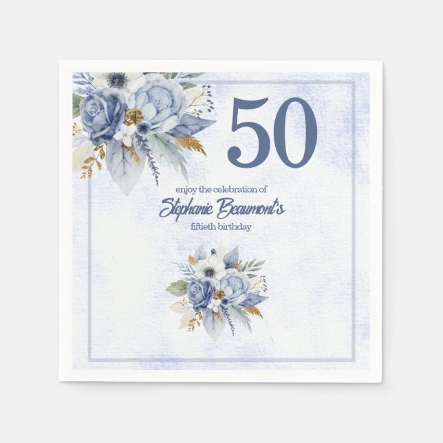 Elegant Blue Florals Women's 50th Birthday Party Serviette (Vorderseite)