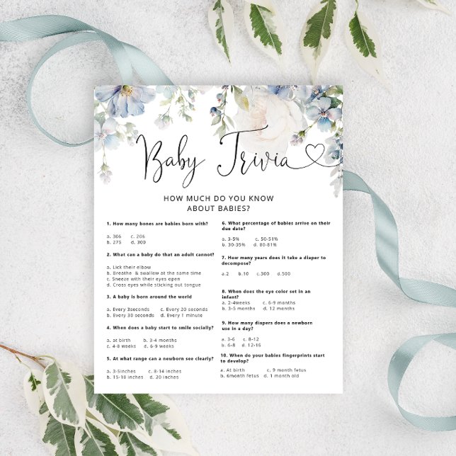 Elegant Blue Flowers Baby Shower Trivia Game (Von Creator hochgeladen)