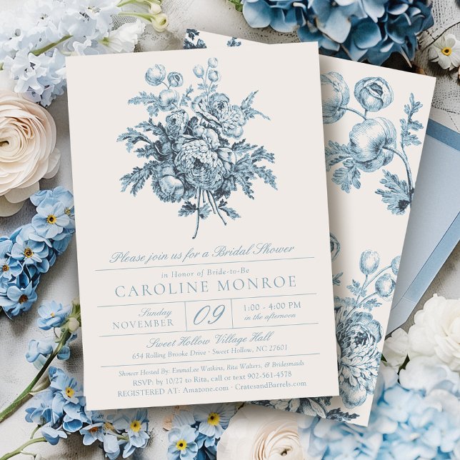 Elegant Blue Flowers Botanical Bridal Shower Einladung (Blue & ivory modern vintage floral bouquet chinoiserie french toile elegant bridal shower invitation)